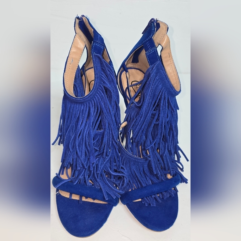 Candies Blue Strap Fringe Suede Heels Zip Back Size 9.5 Open Toe Ultra High 5”